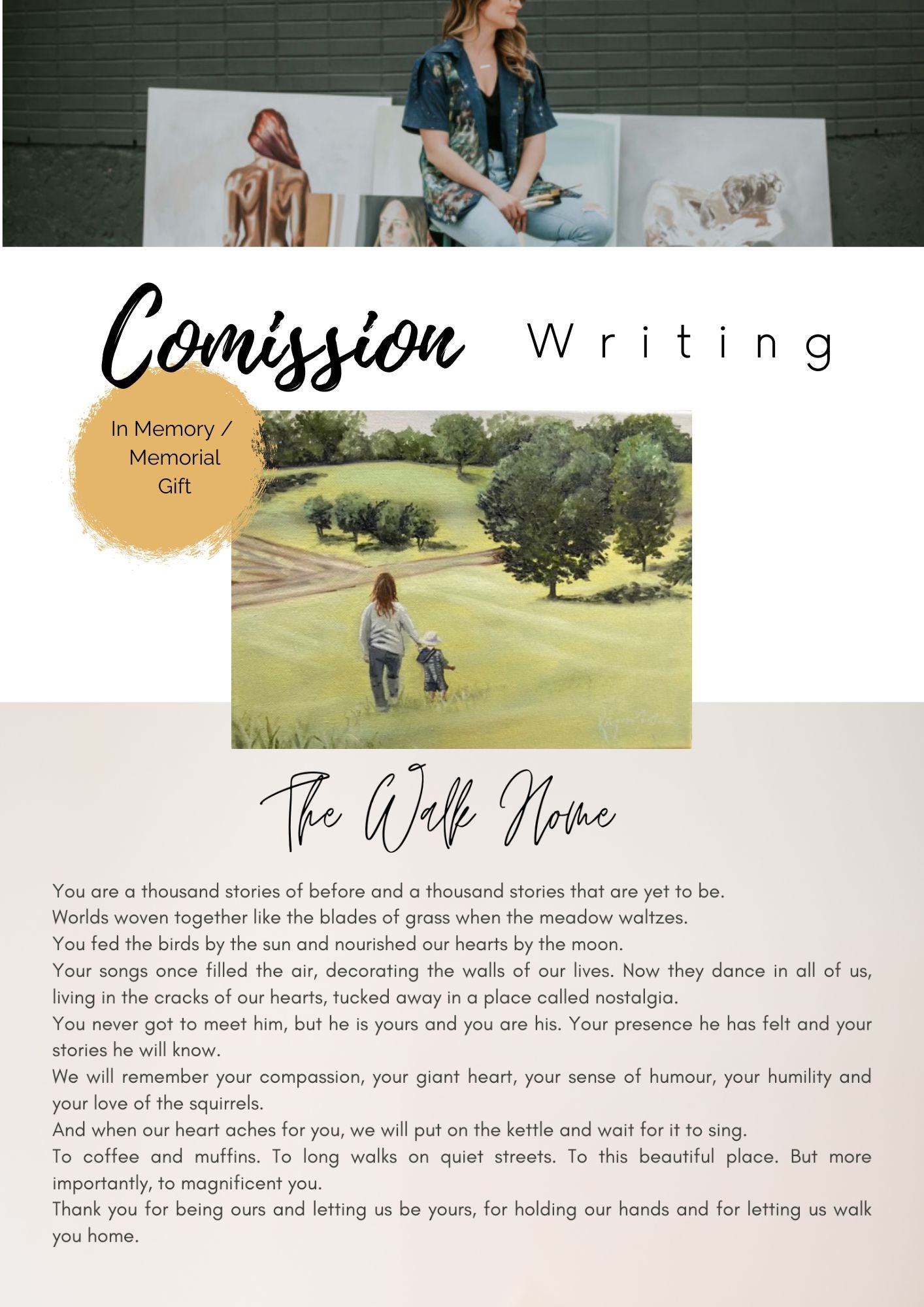 Image of a painting of a grandma walking with her grandson in a meadow beside an accompanying poem written by Artist Katy Martin about the painting.