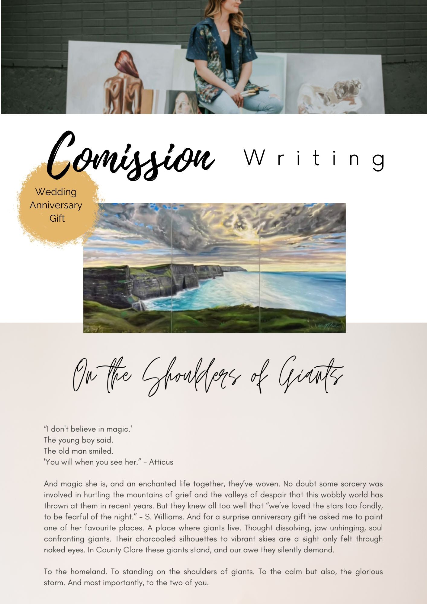 Image of a painting of the Cliffs of Moher beside an accompanying poem written by Artist Katy Martin about the painting.