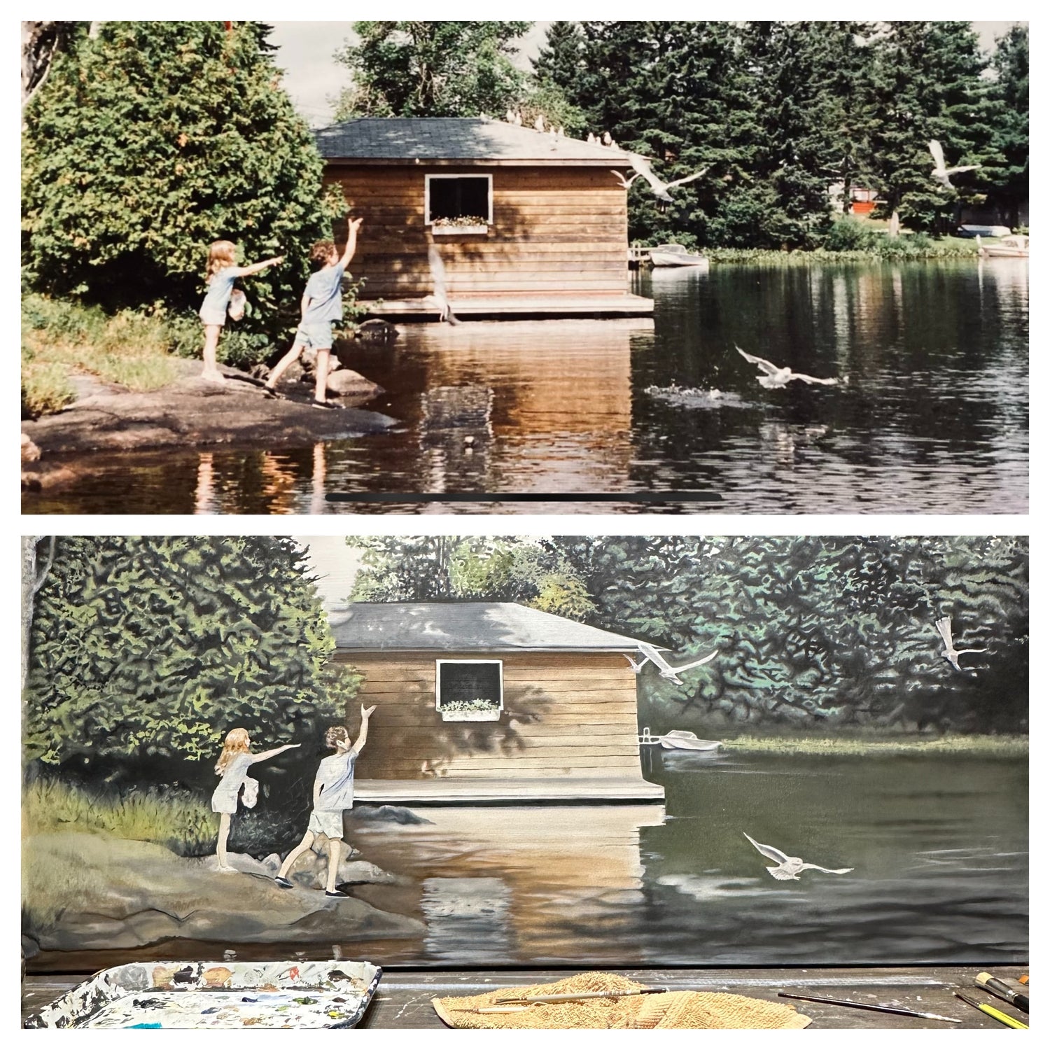 A horizontally split image two kids feeding the seagulls by the water on the top and a finished oil painting of that photo on the bottom.