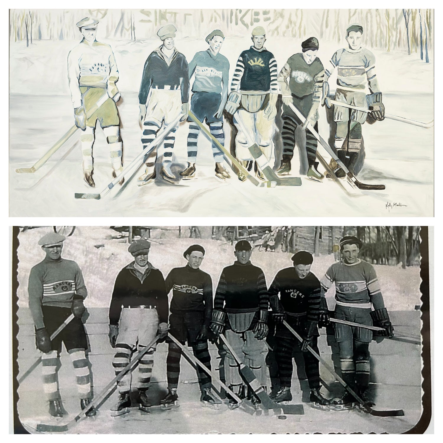 A horizontally split image of a black and white vintage photo of 6 men playing outdoor hockey on the bottom, and the finished oil painting of that photo on the top.