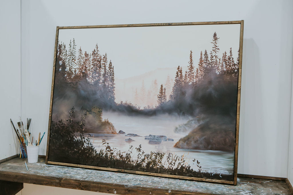 large oil landscape painting of mist coming off of the lake, floating through the trees